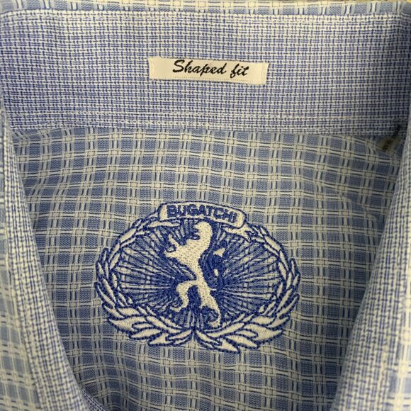 Bugatchi Shaped Fit Button Up Shirt L Blue White Checkered Long Sleeve Cotton - Picture 6 of 6